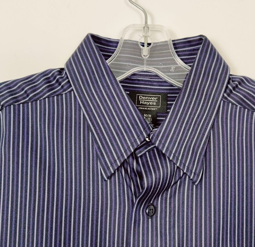 Denver Hayes Men's Striped Button Down Shirt in Purple Black Size Medium Neck 15